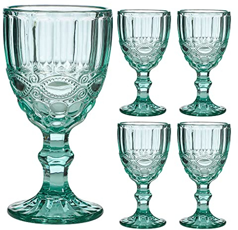 Set of 4 Wine Glasses Vintage Style Turquoise Embossed 300ml Wine Goblets