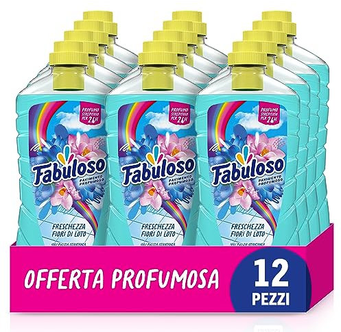 Fabuloso Detersivo Pavimenti Fiori di Loto 950ml, Detergente Multiuso, 100% Pulizia, Profumo per 24 ore, Formula Biodegradabile al 94%, 99% Ingredienti di Origine Naturale, set di 12