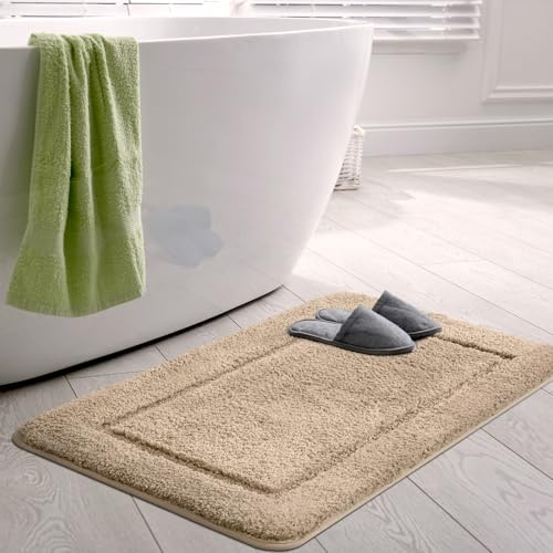 SOANNY Tapis de Bain 60x90 cm, pièce Unique, Microfibre à Poils Longs, antidérapant & Lavable, Absorbant, Parfait pour Salle de Bain & WC, Beige