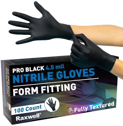 Raxwell Disposable Nitrile Gloves - Powder-Free Latex-Free Nitrile Glove - Textured Food Prep Handwear - Puncture-Resistant Mechanic Handwear - X-Large, Black, 100 Count