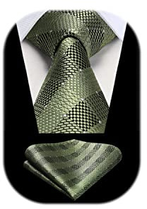 HISDERN Krawatten Grün Herren Hochzeit Krawatte mit Einstecktuch Klassisch Business Krawatte & Taschentuch Set
