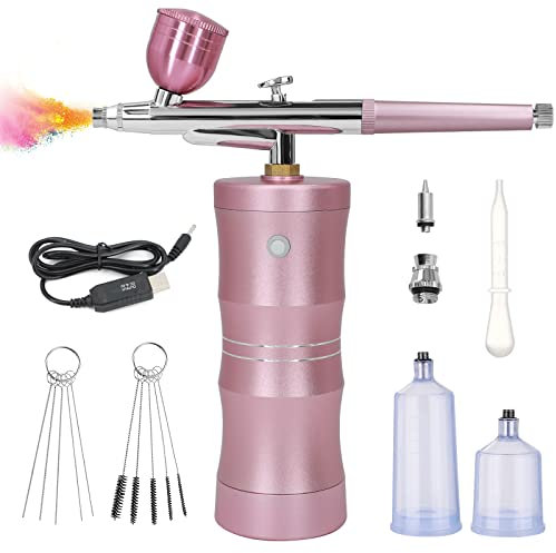 Nlapldy Kit d'aérographe avec compresseur d'air, pistolet à air amélioré 7,4 V 34 PSI rechargeable portable sans fil avec buse de 0,4 mm pour peinture, nail art, tatouage (rose)
