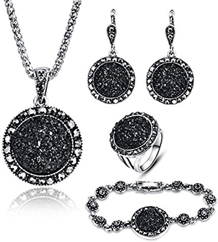BIGANYAO 4 Packs Hoop Pendant Simulated Diamond Sparkly Jewelry Sets with Bracelet Ring Black