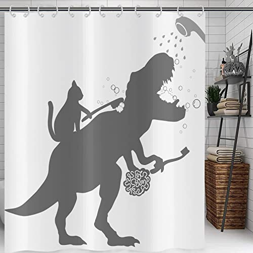 Hnmdmyi Duschvorhang Lustig 180x180, Katze Hilfe Dinosaurier Bad Duschvorhänge Kinder Jungen Silhouette Schatten Schwarz Weiß Badewanne Vorhang Wasserdicht Polyester Stoff Waschbar Badevorhang