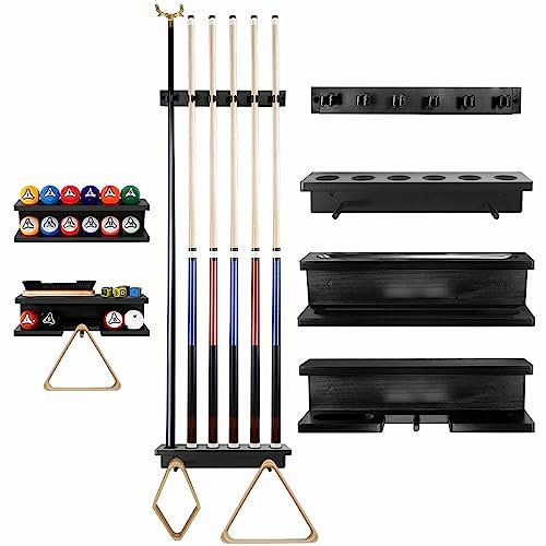 GOOX Poolstockhalter Wandhalterung – 100% Holz Queue-Rack für 6 Sticks und Billardzubehör, Tisch-Organizer-Set