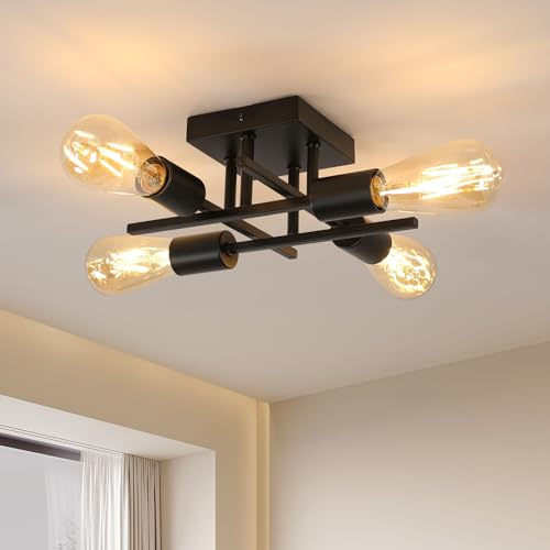 Goeco Lustre Plafonnier Vintage, Moderne Lustre Sputnik Industriel 4 Lumières E27 Base en Métal, Rétro Lampe de Plafond Noire pour Chambre à coucher, Salon, Salle à manger, Cuisine