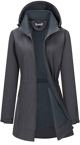 33,000ft Women’s Waterproof Softshell Jacket Raincoat with Detachable Hood | Long Fleece Functional Jacket, 2-Way Zipper Windbreaker, Adjustable Waist Warm Winter Jacket with 4 Pockets, Walking, Hiking
