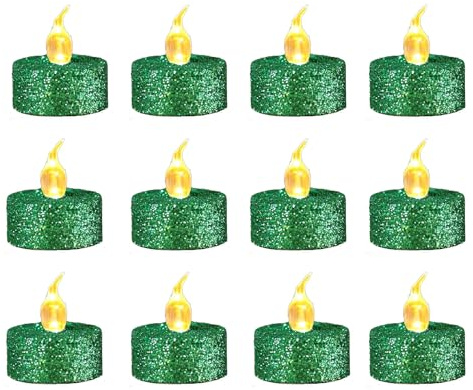 Candele tealight a LED scintillanti verdi, confezione da 12 lumini finti con batteria gialla calda, realistiche, senza fiamma, per Natale, Pasqua, Halloween, matrimoni, feste, festival, decorazioni