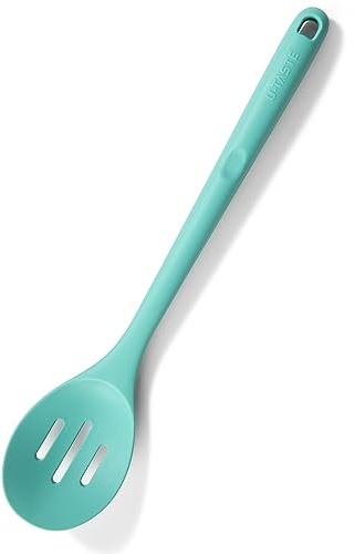 U-Taste Long Silicone Slotted Spoon, 315℃ Heat Resistant, Aqua Sky | 33.9cm, Food Grade Kitchen Cooking Utensil, Nonstick Seamless Rubber Serving Tool for Mixing Stirring Basting Draining
