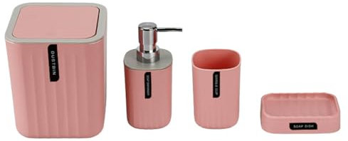 Hosoncovy 4 PCS Badezimmer Zubehör Set Badezimmer Container Set mit Seifenspender, Badezimmer Tasse, Seifenschale,Desktop Mülleimer (Rosa)