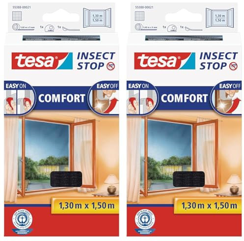 tesa Insect Stop COMFORT Fliegengitter für Fenster - Insektenschutz mit Klettband selbstklebend - Fliegen Netz ohne Bohren - anthrazit (durchsichtig), 130 cm x 150 cm (Packung mit 2)