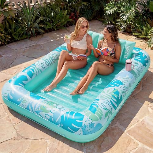 SLOOSH Uppblåsbar solstol flytande solstol, 215 cm x 145 cm extra stor pool flyttar vuxen med kudde, 4 i 1 solbrun badkar flotte flytande, solbad lounge uppblåsbar boll grop fest presenter, XL-cyan