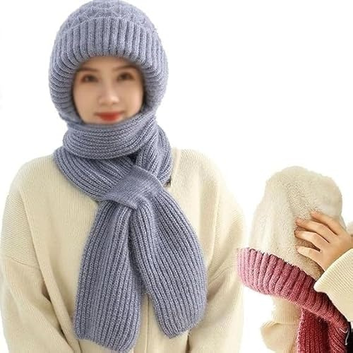 YYCFB Integrated Ear Protection Windproof Cap Scarf Women Balaclava Hood Hat Knitted Winter Warm Knitted Hat (Color : Biue)