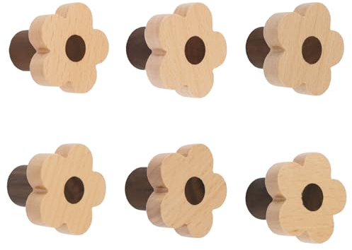 MOROBOR Lot de 6 boutons en bois de hêtre en forme de fleur avec trou unique pour armoire, commode, avec vis et tube d'extension