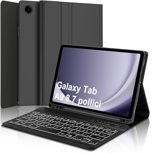 WINCHKING Tastiera per Samsung Galaxy Tab A9 8.7, Cover Galaxy Tab a9 con Tastiera, Retroilluminata Italiano Bluetooth Rimovibile Keyboard per Samsung Tablet A9 2023 8.7 Pollici, Nero