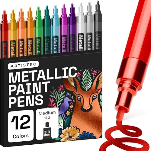 Artistro 12 Metallic-Farbstifte zum Bemalen von Fels, Stein, Keramik, Glas, Holz, Stoff, Kieselsteinen, Scrapbook-Tagebüchern, Fotoalben, Karton, Acryl-Farbmarker, mittlere Spitze 3,0 mm