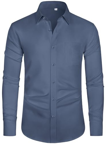 J.VER Herren Faltenfrei Business Langärmeliges Hemd Dehnbar Comfort Fit Freizeit Hemd Bügelleichtes Casual Tasche Smokinghemd,Blaugrau,XL
