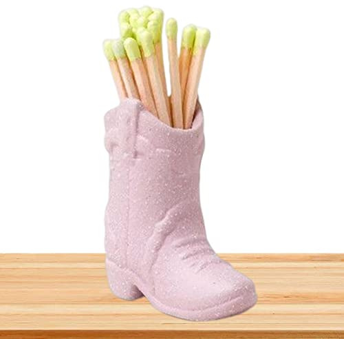 Cowboy Boot Match Holder,Ceramic Match Holder,Match Holder for Fireplace, Bathroom, Bedroom, Matchstick Storage Jar,Match Sticks NOT Included (Pink)