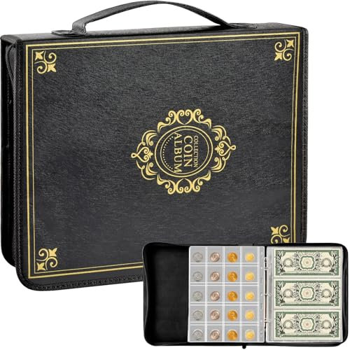 Münzsammelbuchhalter für Sammler, 200-Taschen-Münzen-Sammelalbum.30 Ärmel Papiergeld-Display-Aufbewahrungskoffer für Münzwährungs-Sammelzubehör (200 +30 Geldbinder) (Grau) (Schwarz)