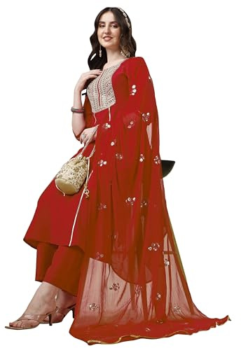 Aashita Creations Damen Seidenstickerei Faden Arbeit Chinon A-Linie Kurta Hose mit Dupatta_259, rot, M
