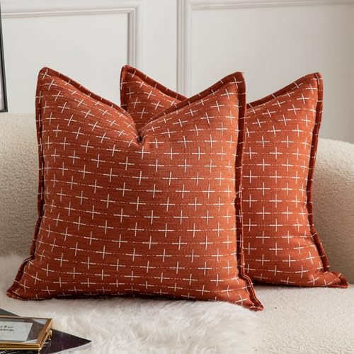 Mandioo 2er Set Kissenbezug Hanftuch Weben Textur Modern Bauernhaus Kissenbezüge Kissenhülle Dekorieren Zierkissenbezug Sie Wohnzimmer Sofa Schlafzimmer Bett 40x40cm Karamellfarbe