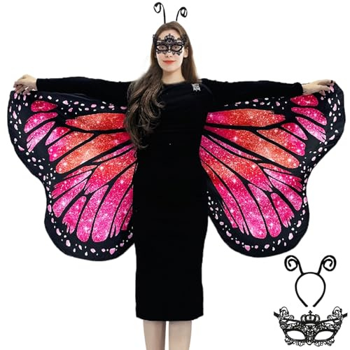 Schmetterling Umhang Damen Schmetterlingsflügel Erwachsene Faschingskostüme -Doppelseitiger Druck Schmetterling Flügel Cape mit Gesichtsmaske und Haarreif für Halloween Karnevel Kostüm (Pink)