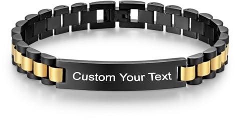 Enni of York Engraved Watch Band Stainless Steel Link Bracelet Personalized Jewelry Gift for Men Dad Father Husband Son (Black&Gold2-1.5cm)