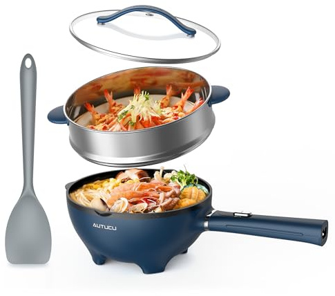 AUTUCU 3-Quart Electric Hot Pot & wok Nonstick with Steamer | Electric Skillet 1200W for Dorm, Home, Gifts (Includes Silicone Spatula) Multi-Cooker