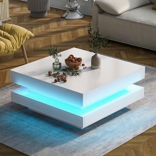 LULUWA Square High Gloss Coffee Table with 360° Rotating Top Tea Tables with 16-Color LED Light 70x70x36 cm (White)