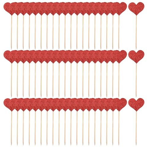 OAOSDH 60 Stücke Red Glitter Love Plugin, Cupcake Topper, Mehrzweck-Bambusstangen, Cocktail-Obstschilder, Geburtstagsdekoration Zum Valentinstag.