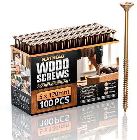 Vis à bois multi-usages, 5mm x 120mm, 200 pièces, kit de vis à bois à filetage simple galvanisées au zinc, vis autotaraudeuses passivées jaunes pour terrasse (5mm x 120mm)