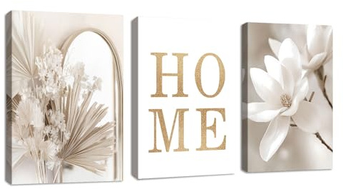 3 Pcs Boho Home Beige Cattail Leinwandbilder Bilder Set mit Rahmen, Moderne weiße Magnolie Wandbilder Schlafzimmer Bild Auf Leinwand Kunstdruck Deko für Wohnzimmer fertig zum Aufhängen 30x40cmx3