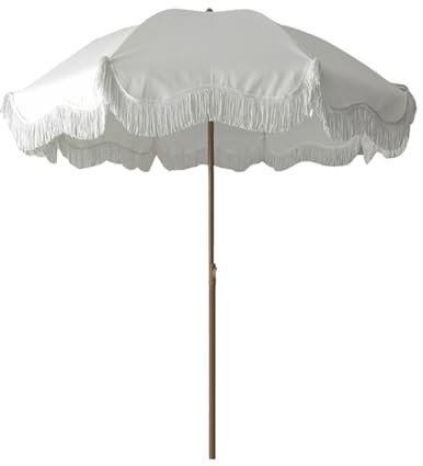 FMCAGNGAKP 180cm/6ft Patio Beach Umbrella with Fringe,Portable Garden Parasol with Tilt, Outdoor Tassel Umbrella for Pool Backyard Deck Garden(White)