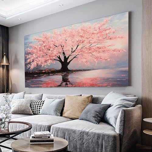 MKBKLI Cuadro abstracto grande con diseño de cerezo rosa, 60 x 120 cm | lienzo para sala de estar, decoración del hogar, sin marco
