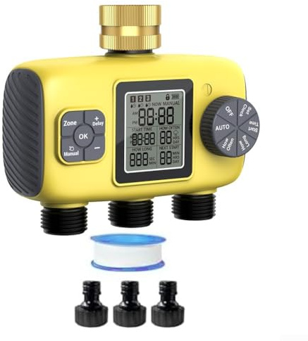 Minuteur d'arrosage à 3 zones, contrôleur d'irrigation automatique programmable, entrée en laiton, avec modes d'arrosage automatique et manuel pour l'irrigation goutte à goutte de la pelouse du jardin