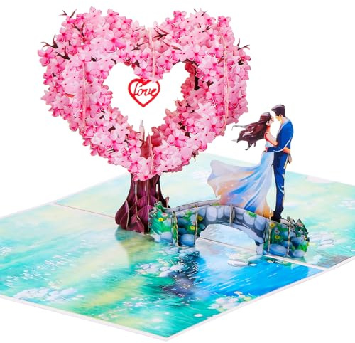 JIANTA Tarjeta de Flores Pop-Up, Tarjeta de felicitación 3D en forma de corazón con cerezo en flor, tarjeta de boda pop up en 3D con sobre blanco, tarjeta de San Valentín, tarjeta de cumpleaños Sakura