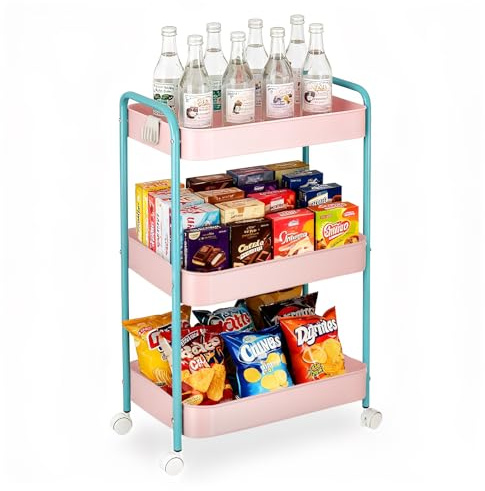 3 Tier Metal Storage Trolley on Wheels Kitchen Trolleys Utility Rolling Cart with Handle ,Mesh Storage Cart Bathroom Cart Veg Rack and Multi-Purpose Organizer for Snack, Makeup, Book (blue+pink)