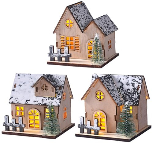 3PCS/Set Christmas Village Houses Ligth Up Wood Snow Roof Christmas Village with Tree Decor for Xmas Table Centerpieces Holiday Home Decor