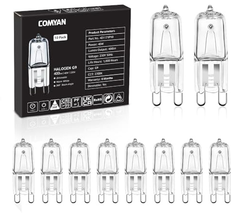 Comyan G9 Halogen Light Bulbs 230V 40W 2700K Warm White Clear G9 Halogen Capsule Bulb Dimmable, 10Pack