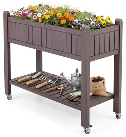 COSTWAY Hochbeet mit Rollen, erhöhtes Gartenbeet mit Ablage, Wasserstandsanzeiger & Ablauflöchern, Kräuterbeet Gemüsebeet, aus Kunststoff und Metall, Pflanztisch für Balkon Garten Terrasse, Braun