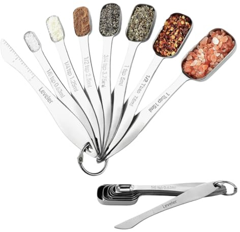 8X Messlöffel Set aus Edelstahl,Silber Dosierlöffel mit Doppelter Skala | 7 Größen Rechteckiges Measuring Spoons mit Nivellierer, Messlöffel Edelstahl für Trockene Oder Flüssige Zutaten