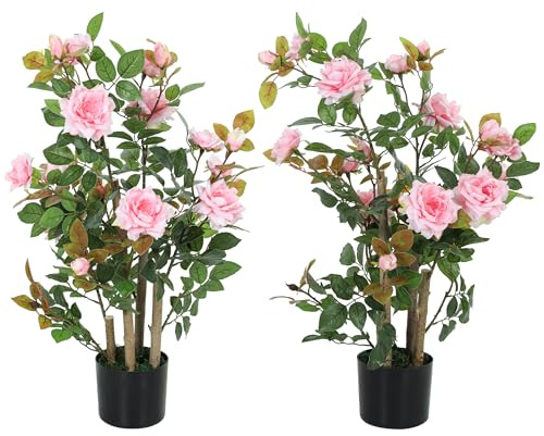 Juego de 2 rosales artificiales HOMCOM de 90 cm, planta decorativa artificial con 344 hojas de seda y 17 flores, árbol artificial resistente a los rayos UV para decoración de jardines, interiores y