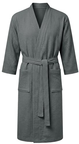 AUYAO Våffelbadrockar unisex badhandduk kroppswrap lätta morgonrockar dusch bad omlotthandduk spa hotell våffelrock texturerad myskläder husrock handduk kjol med fickor, Våffelklänning-grå, L