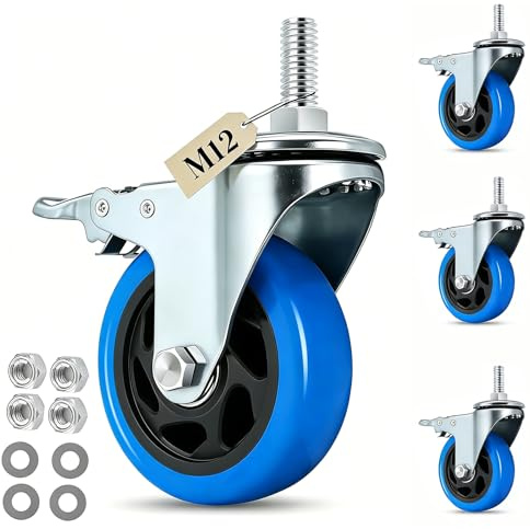 IQWTU 100MM Lenkrollen mit Bremse, 4 Stück Möbelrollen mit M12 x 1,75 x 30mm Schraube, Schwerlastrollen Transportrollen 360° Drehung bis 500KG, Möbelrollen Gewinde M12 für Wagen, Möbel, Grill
