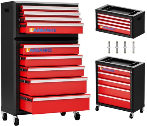 LARBANKE 9-Drawer Rolling Tool Chest,with 360° Wheels and Locks&Keys,2-IN-1 Tool Chest Equipped with Waterproof Top and Connect Rods,Tool Cabinet for Freely Combination with Similar Tool Cabinets