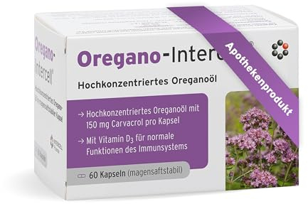 Oregano Öl hochkonzentriert und magensaftstabil (60 Kapseln) - 150mg Carvacrol +Vitamin D3 + Biotin - ohne Lösungsmittel für optimale Verträglichkeit - gultenfrei & lactosefrei - Intercell Pharma