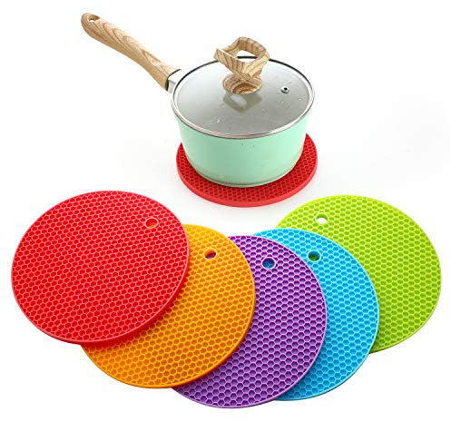 Silicone Trivet, Giftorld 5 PCS Trivet Mat, Hot Pads, Heat Resistant Coasters,Cup Insulation Mat, Tableware Insulation Pad Potholders, Non-slip Mat, Flexible (5 PCS - Round)