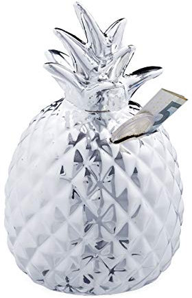 Relaxdays Spardose Ananas, Dekofigur, Sparschwein mit Schloss, 2 Schlüssel, Keramik Sparbüchse, H x D 16 x 9 cm, Silber, 1 Stück