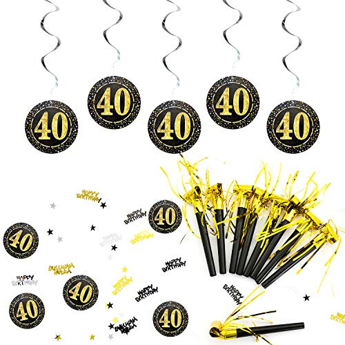 Oblique Unique® 40. Geburtstag Party Feier Deko Set - Tröten + Deckenhänger Wirbel Spiral Girlanden mit Zahl 40 + Konfetti Zahl 40 + Happy Birthday + Sterne Gold Silber Schwarz