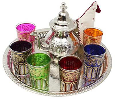 Ensemble de théière marocaine gravée grande : théière argentée avec filtre intégré et support de théière, 6 verres à thé multicolores et plateau argenté, fait main au Maroc, ensemble cadeau pour